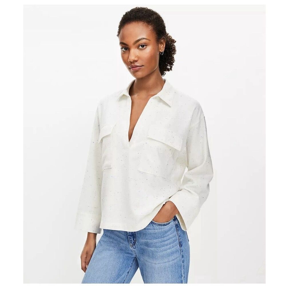LOFT Flecked V-Neck Popover Cropped Long Sleeve Size XSP Petite Speckled